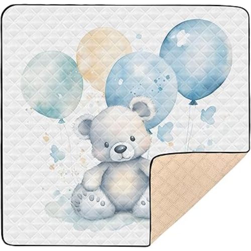 Cute Bear with Balloon Baby Play Mat 50" x 50", Playmat for Playpen, Thicken Soft Padding Foam Crawling Mat for Babies Toddlers Infants