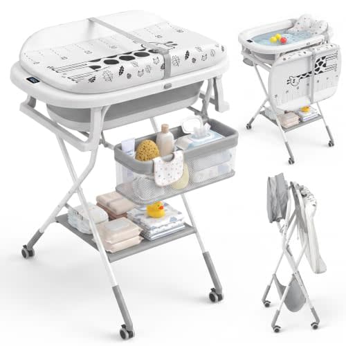 Orzbow Collapsible Baby Bathtub with Changing Table, Adjustable Height | Baby Bath Tub Soft Cushion & Thermometer, Diaper Changing Station with Storage Tray for Newborn Infant, Wheels Design