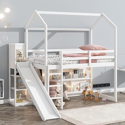 Twin Size Wood House Loft Bed Frame for Boys Girls Kids Adults Toddler with Slide, Storage Shelves and Light, White