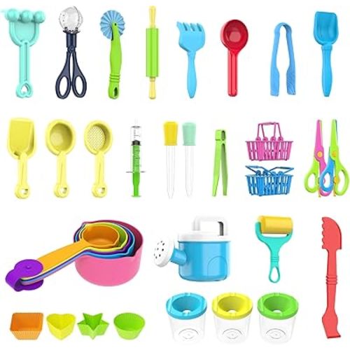 34PCS Sensory Bin Filler Tools,Fine Motor Skills Handy Sensory Bin Scooper Set with Scoops,Tweezers,Beach Shovels,Kettle,Rake,Sensory Table Bin Accessories for Counting Sorting Hammering Pounding