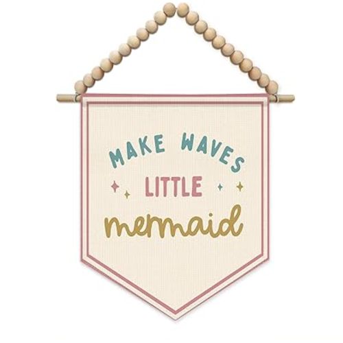 Pink Mermaid Ocean Nursery Wall Art Decor, Girls Room Decor, Make Waves Little Mermaid Coastal Beach Boho Nursery Wall Hanging Display Pennant Flag for Baby Little Girls Toddler Room Bedroom