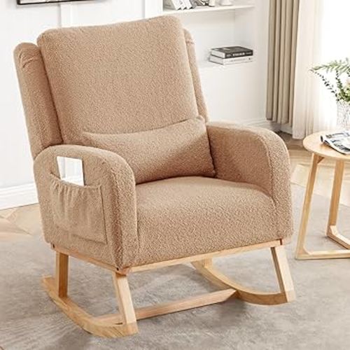 Rocking Chair Nursery, Nursing Rocking Chairs, Upholstered Nursery Glider Rocker Wingback Morden Rocking Chair with Lumbar Pillow for Mom Nursery, Living Room, Bedroom, Teddy Khaki