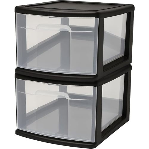 HOMZ 2-Pack 1-Drawer Storage Cart, Clear Plastic Container, 14.25" Wide Medium, Black Frame - Organizing Drawer Containers for Home, Bathroom, Bedroom, Office, and Classroom