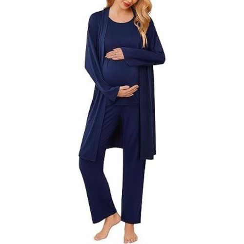 Ekouaer Maternity Nursing Robe Set 3 Pieces Sleeveless Top, Pregnancy Pants & Robe Double Layer Pajamas S-XXL Navy Blue M