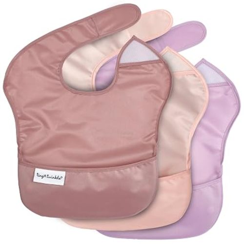 Tiny Twinkle Mess-Proof Baby Bibs for Eating | Waterproof, Wipeable Toddler Bibs with Catch-All Pocket | Feeding Bibs for Girls & Boys(3 Pack,Blush, Burgundy)