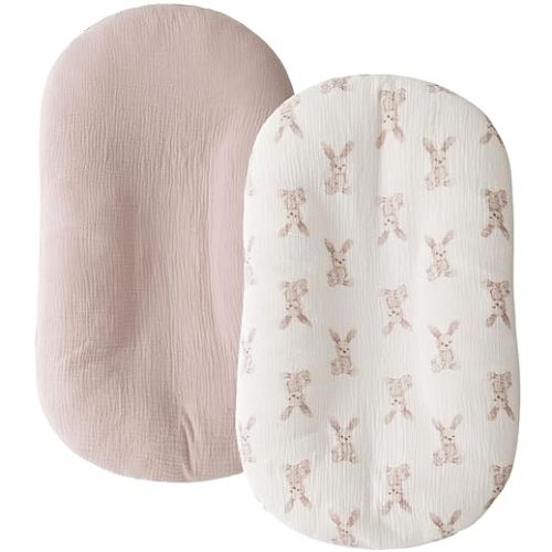Little Jump Cotton Muslin Baby Lounger Covers, 2 Pack, Soft Removable Slipcovers for Newborn Infant Lounger, for Girls Boys (Bunny)