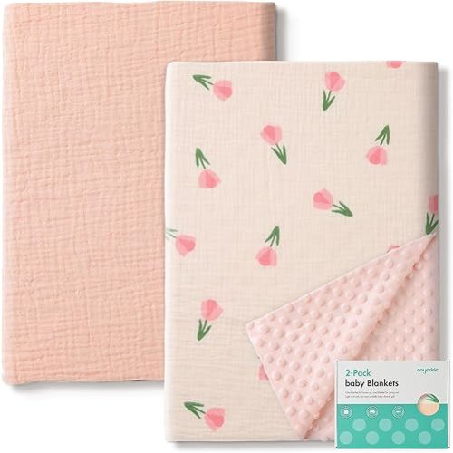 ANYEDDE 2 Pack Baby Blankets with Muslin Cotton and Minky Dots for Toddler Girls - Super Soft Baby Minky Blanket, Pink Floral Printed Blanket for Newborn, Cozy and Lightweight