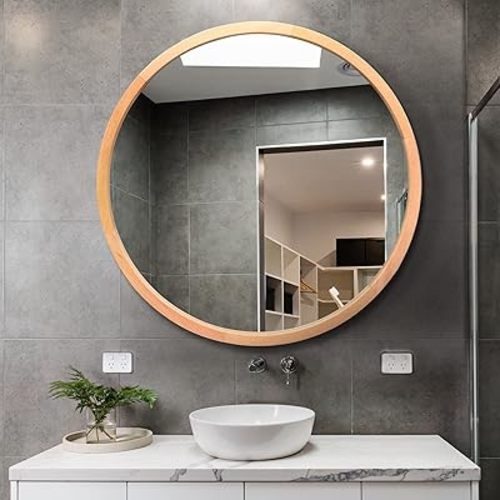 Wood Round Mirror 24" Circle Wall Mirror Farmhouse Bathroom Vanity Mirror for Living Room Bedroom Entryway Modern Decoration (24" Freely Natural Beech Wood)