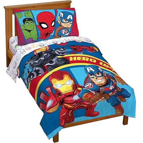 Jay Franco Marvel Super Hero Adventures Double Team 4 Piece Toddler Bed Set Super Soft Microfiber Bed Set-Bedding Features Captain America,Spiderman, Iron Man & Black Panther Official Marvel Product