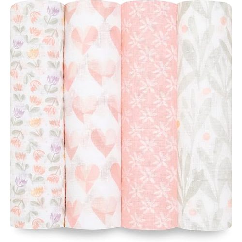 aden + anais Essentials Swaddle Blanket, Boutique Muslin Blankets for Girls & Boys, Baby Receiving Swaddles, Ideal Newborn & Infant Swaddling Set, Perfect Shower Gifts, 4 Pack, Piece of My Heart