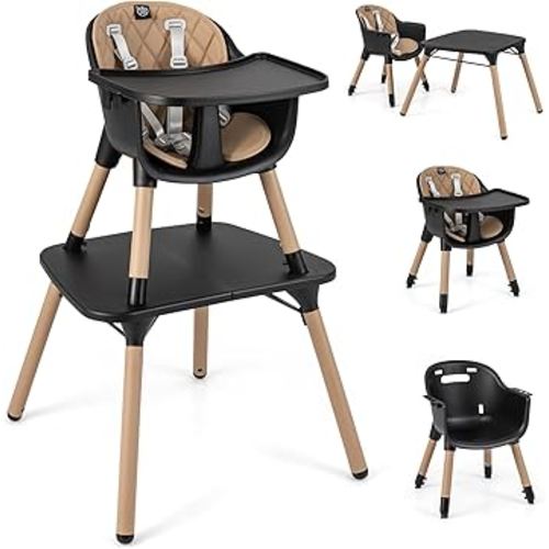 BABY JOY High Chair, 5 in 1 Convertible Highchair for Babies & Toddlers | Booster Seat | Table and Chair Set | Infant Feeding Chair with Removable Tray, Safety Harness, Removable Cushion (Brown)