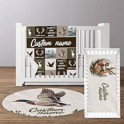 Personalized Baby Crib Bedding Set for Boys, 3-Piece Custom Name Nursery Set with Minky Blanket, Fitted Crib Sheet & Room Rug, Hunting Duck Pattern Crib Set Nursery Decor