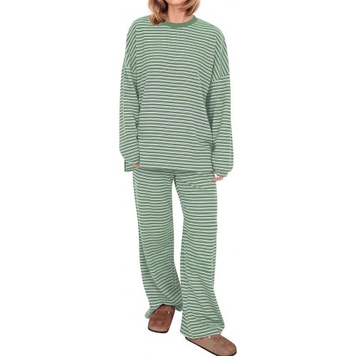 Women Striped 2 Piece Lounge Set Long Sleeve Oversized T Shirts Wide Leg Pants Matching Sets Casual Comfy Pajama Sets