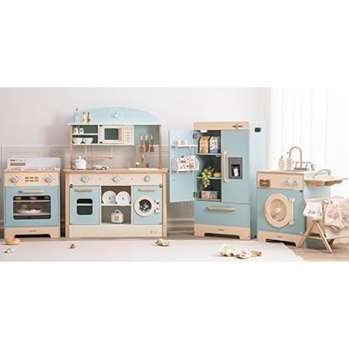 ROBUD Wooden Play Kitchen Set, Kids Toy Kitchen Set with Realistic Design, Utensils, Ice Maker, Fridge, Oven, Washer, Modern Style Play Kitchen with Accessories, Ideal Gift for Boys & Girls, Blue