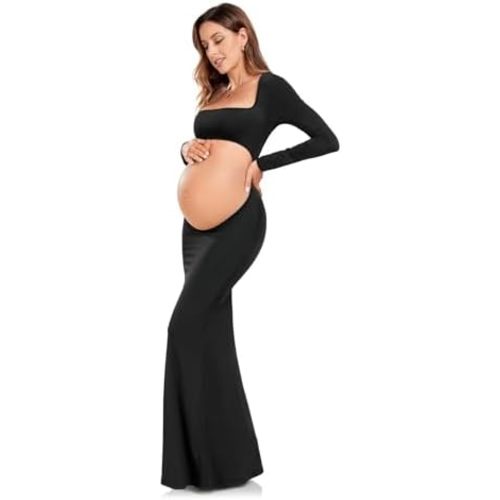 Maternity Dress for Photoshoot Black Long Sleeve Gown Open Belly Backless Bodycon Pregnancy Dresses for Women