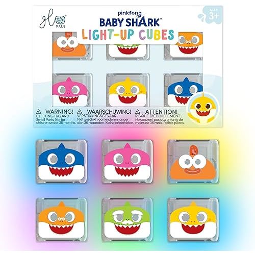 Glo Pals Water-Activated Light-Up Sensory Bath Toy Cubes for Bathtime and Sensory Play, Baby Shark, Vibrant Light-Up Colored Cubes for Kids and Toddlers, Pack of 6