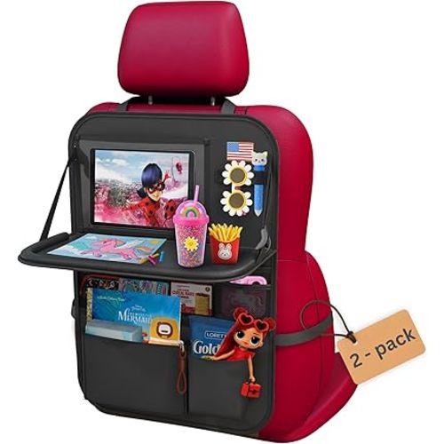 Car Backseat Organizer with Tablet Holder (2-pack) - Updated 2025 Oxford 600D Car Storage Organizer, Foldable Car Tray Kids, Road Trip Essentials, Back Seat Protector Kick Mats, Travel Accessories