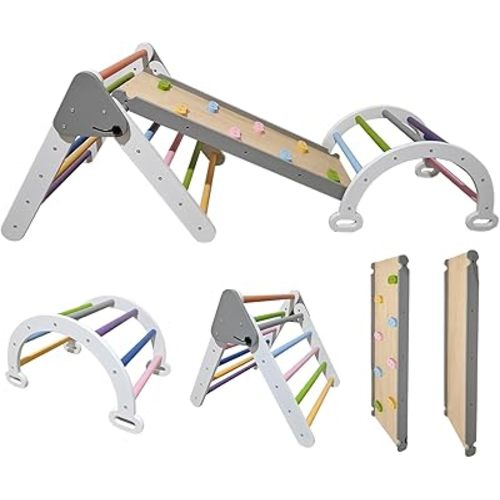 Pikler Triangle Climbing Set for Toddler 7 in 1 Rainbow Indoor Climber Set Foldable Montessori Wooden Climbing Toy with Ramp and Arch Indoor Gyms Playground for Toddlers Kids