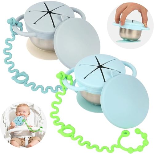 2 Pack Toddler Snack Cups — 5-in-1 Snack Cups for Toddlers Spill Proof with Suction Cup and Anti-Loss Rope, Detachable Stainless Steel Cups with Silicone Lids & Handles (Light Blue and Light Grey)