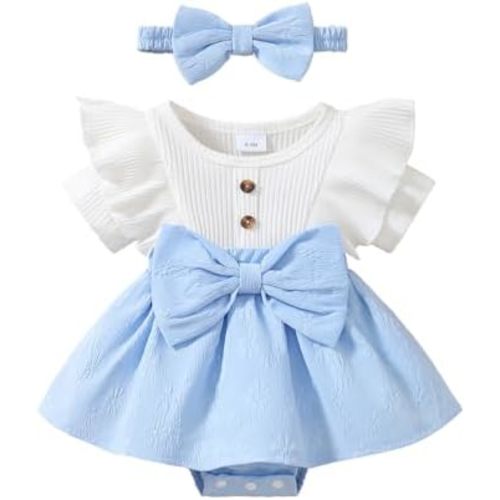 Baby Girl Newborn Summer Romper Dress Ruffle Sleeve Bow Set