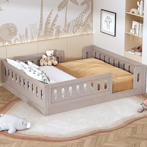 Bellemave Full Size Floor Bed, Montessori Floor Bed Frame with Fence Railings for Boys, Girls, No Box Spring Needed, Natural