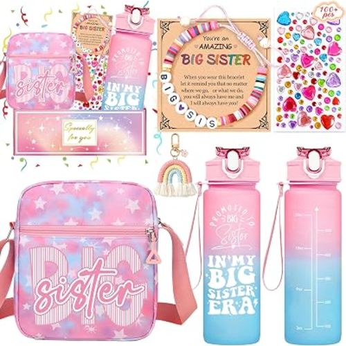 Big Sister Gifts for Girls - Promoted to New Big Sister Gifts Basket Includes Water Bottle, Crossbody Bag & Cute Accessories.