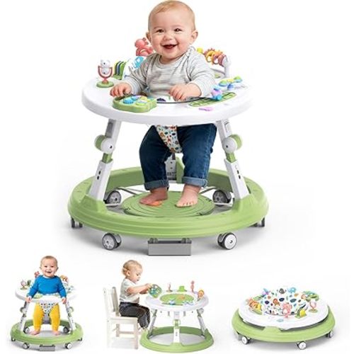 4-in-1 Foldable Activity Center- Baby Walker with Wheels, 360-degree Rotatable Play Tray, 3-Stage Adjustable Height, for Boys and Girls 6-18 Months, Music and Lights(Green)