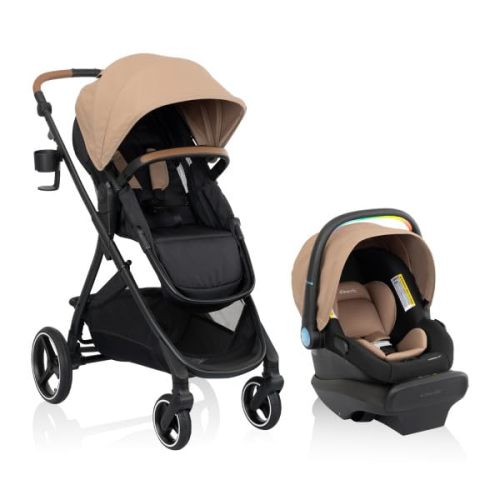 Evenflo Shyft Intuiti Travel System with LiteMax NXT Infant Car Seat | with SensorySoothe, 6 Modes of Use, Rear-Facing Mode 3-30 lbs, Lightweight Car Seat (Caramel Tan)