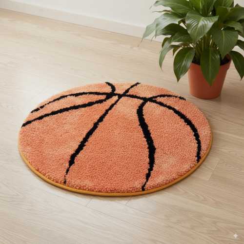 Flocked Basketball Rug: Sport Area Carpet, Unique Kids Room Play Mat, Boy Nursery Decor