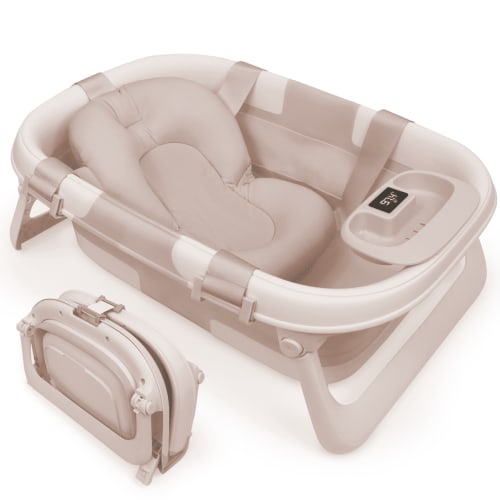 Jool Baby Fold ‘n Store Baby Bathtub – 3 Stage Collapsible Bather for Easy Storage, Portable for Travel – Built-in Thermometer (Oatmeal)