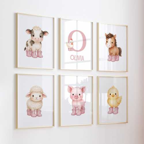 Personalized Farm Animal Wall Art Set of 6 Prints, Pink Boots Cow Horse Pig Lamb Chick, Custom Name Initial Poster, Baby Girl Room Decor
