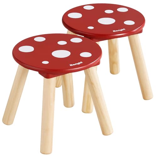 Beright Wooden Step Stool for Kids, Children's Stool Perfect Matched Sensory Table, 9 Inch Sturdy Sitting Stool with Assembled Four-Legged, Mushroom, 2 Pack