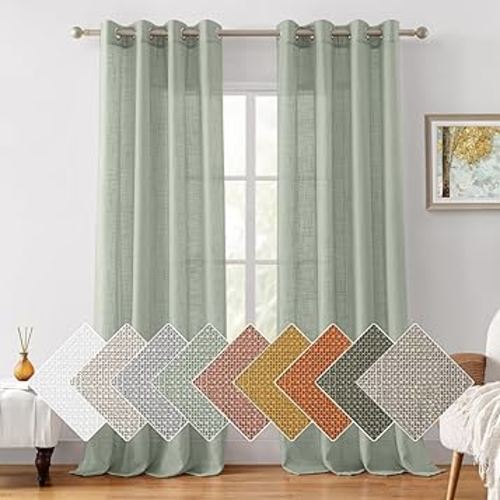 HOMEIDEAS Sage Green Linen Sheer Curtains 96 Inches Long 2 Panels Textured Semi Sheer Curtains Farmhouse Curtains Sheer Privacy Window Curtains for Bedroom Living Room