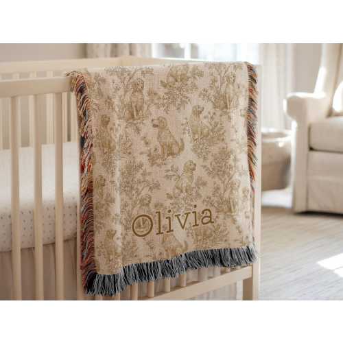 Personalized Golden Retriever Toile Blanket Heirloom Nursery Decor Custom Name Woven Throw Newborn Gift Dog Print Minky Baby Shower Present