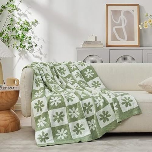 Snuggle Sac Checkered Blanket, Sage Green Flower Throw Blanket for Couch Plaid Microfiber Fluffy Warm Cozy Fuzzy Soft Throw Blanket Reversible Checkered Blankets for Sofa, Chair, Bed, 60x80 inches