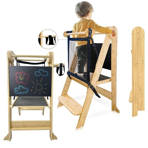 SK Designs Foldable Toddler Tower with Cup Holder - Kitchen Learning Stool Helper, Montessori Kids Standing Tower for Counter, Collapsible, Adjustable Baby Step Stool with Safety Net for Bathroom Sink
