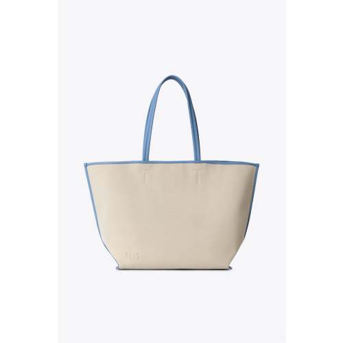 BÉIS ‘The Canvas and Leather Tote’ in Dusty Blue - Beige Travel Tote with Blue Leather Trim