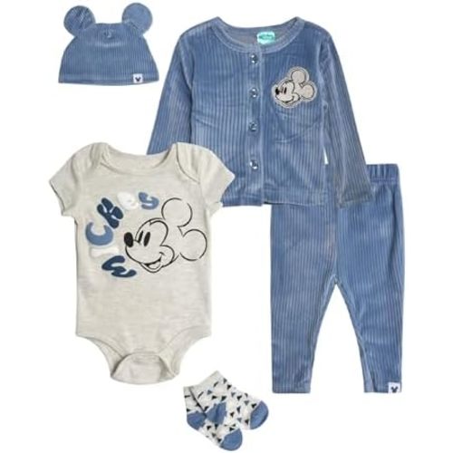 Disney Mickey Mouse Baby Boy Going Home Outfit Set - 5 Piece Onesie, Corduroy Shirt, Pants, Beanie Hat, and Socks (0-9M)