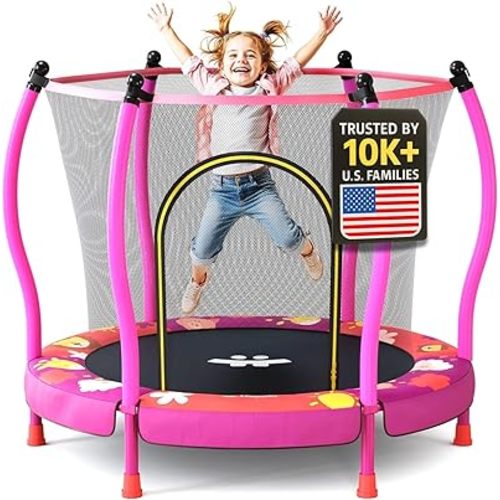 Happin® 55'' Toddler Trampoline Indoor & Outdoor with Safety Enclosure, 5FT Recreational Trampoline for Kids, Ages 1-8 with Basketball Hoop, No-Gap Design, Toddler Gift for Boy & Girl