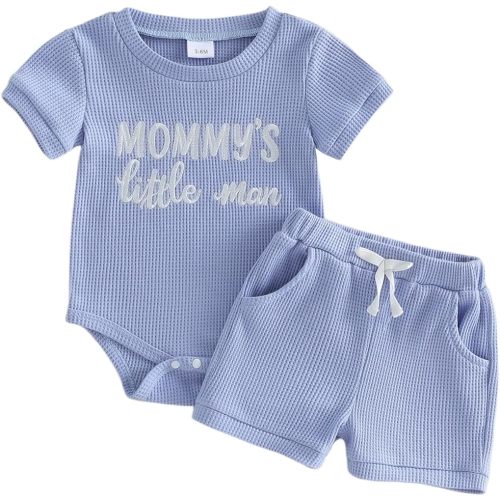 Kupretty Baby Boy Clothes 3 6 12 18 Months Summer Outfit Baseball Embroidery Waffle Short Sleeve Romper & Shorts Set
