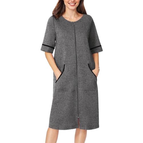 Ekouaer Women Zipper Robe Short Sleeve Duster Housecoat Short Bathrobes Zip Front Nightgown with Pockets S-3XL
