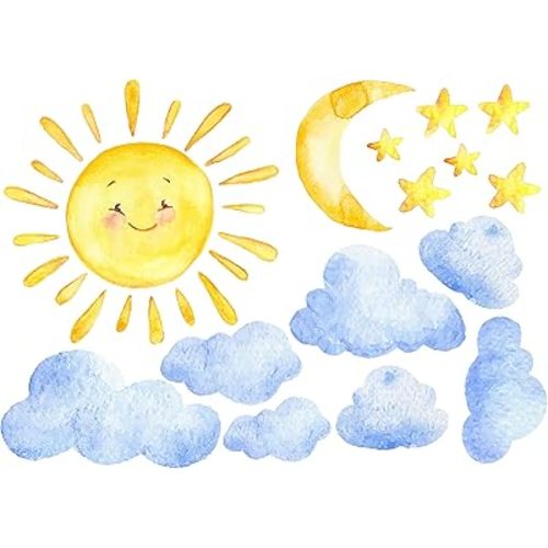 InnovativeStencils Watercolor Sun Moon Stars and Clouds Wall Decal Fabric Nursery Décor Art Print Stickers Peel an Stick #3088 (Blue Clouds)