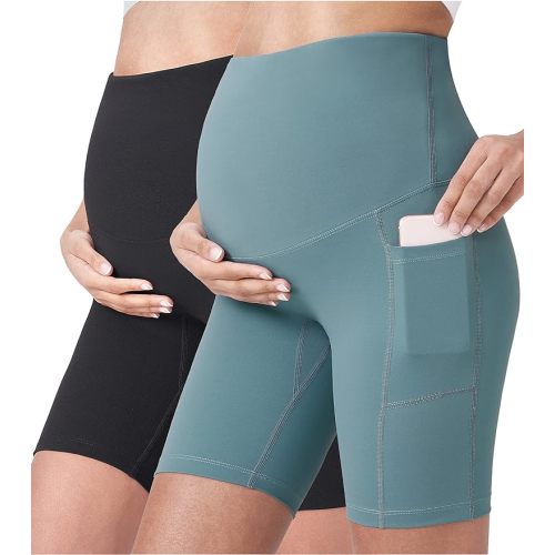 POSHDIVAH Women's Maternity Yoga Shorts Over The Belly Bump Summer Workout Running Active Short Pants with Pockets 5"/8"