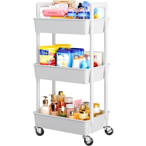 Pipishell 3 Tier Rolling Cart with Handle & Wheels for Storage, White