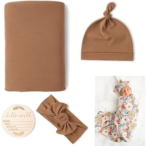 Newborn Swaddle Set with Matching Hat and Bow, Wooden Birth Announcement Card, Boho Vintage Rainbow Baby Monthly Picture Blanket for Baby Girl Boy