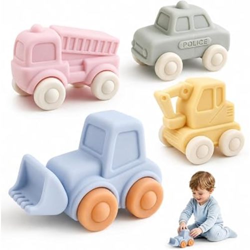 Silicone Toy Cars for Babies & Toddlers, Soft Teething Toys for Babies 6-12 Months, Push & Pull Baby Toys for Birthday Gifts for Boys Girls(4 PCS)