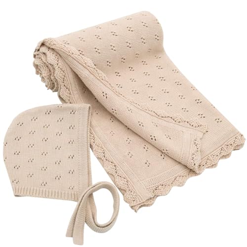 LifeTree Knit Baby Blanket & Hat, 100% Cotton Soft Swaddle & Receiving Blanket for Toddler, Lightweight & Breathable Newborn Blanket Unisex for Crib, Stroller, 31X40 Inches, Shower Registry Gift,Khaki