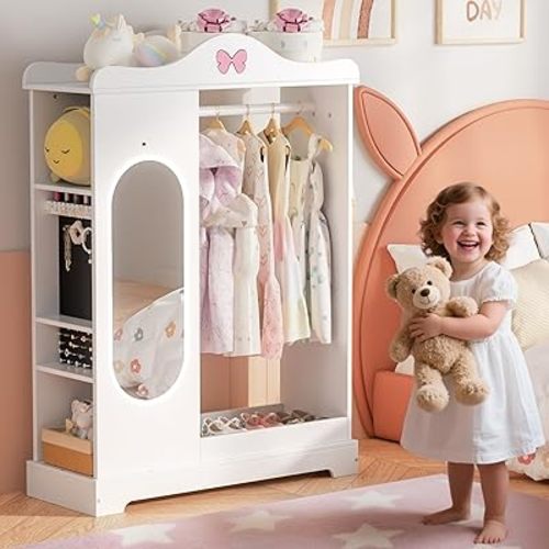 Kids Armoire with Jewelry Cabinet, Kids Dress Up Storage with Shelves, Girls Wardrode Costume Organizer with Full Length Mirror, Children Closet with Armoire for Bedroom, Kids Room, Girls