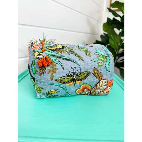 Blue Botanical Quilted Makeup Cosmetics Toiletry Bag