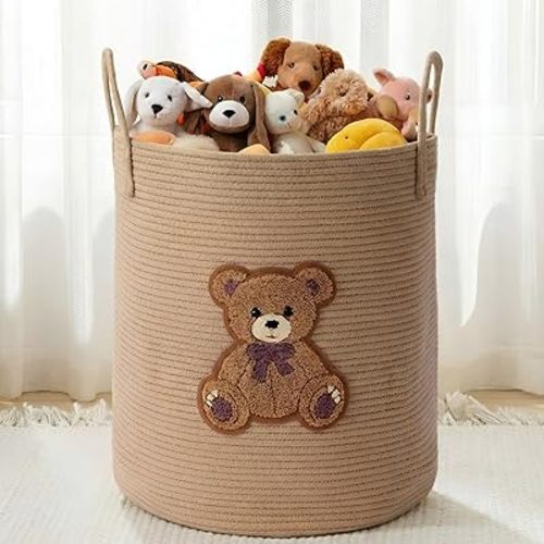 LemonRoad Bear Laundry Hamper Large Cotton Rope Storage Basket Woven Storage Bucket with Handles for Bathroom Bedroom Nursery Toy Clothes Organizer, 60 L